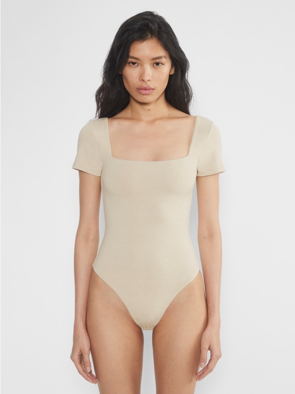 Babaa Square Neck Short Sleeve Bodysuit in Sand